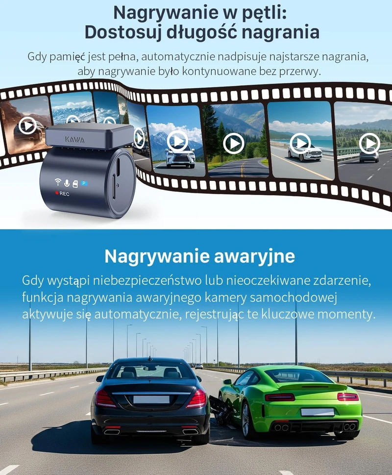 KAWA automobilinė vaizdo kamera 2K 1296p su Wi-Fi, valdymu balsu ir 135° matymo lauku