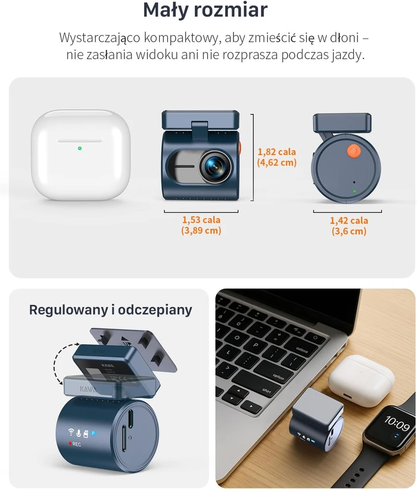 KAWA automobilinė vaizdo kamera 2K 1296p su Wi-Fi, valdymu balsu ir 135° matymo lauku