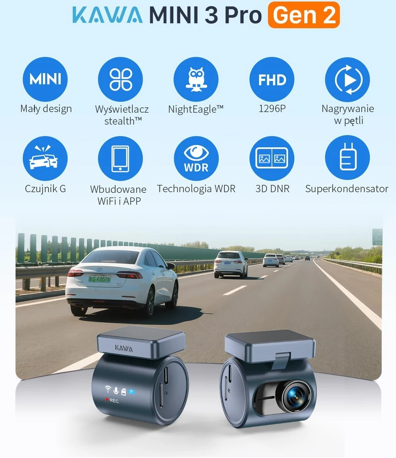 KAWA automobilinė vaizdo kamera 2K 1296p su Wi-Fi, valdymu balsu ir 135° matymo lauku