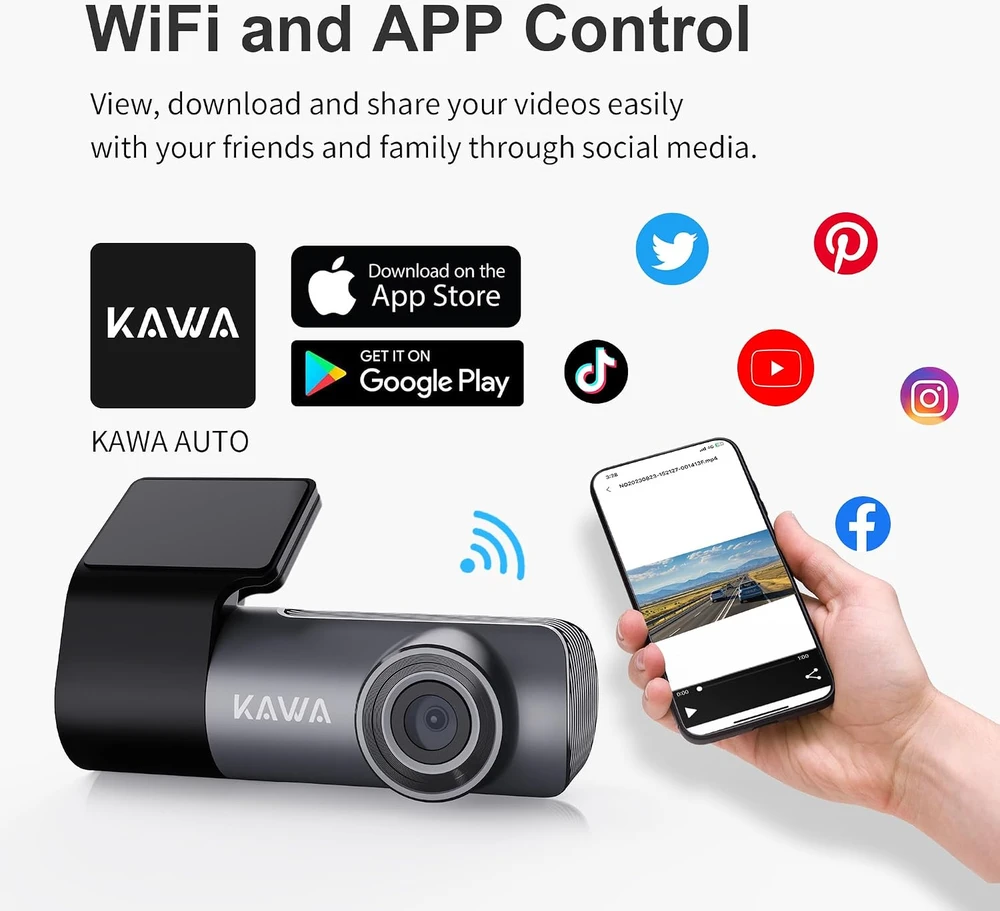 KAWA automobilinis vaizdo registratorius 2K 1296P Wi-Fi 145° D5