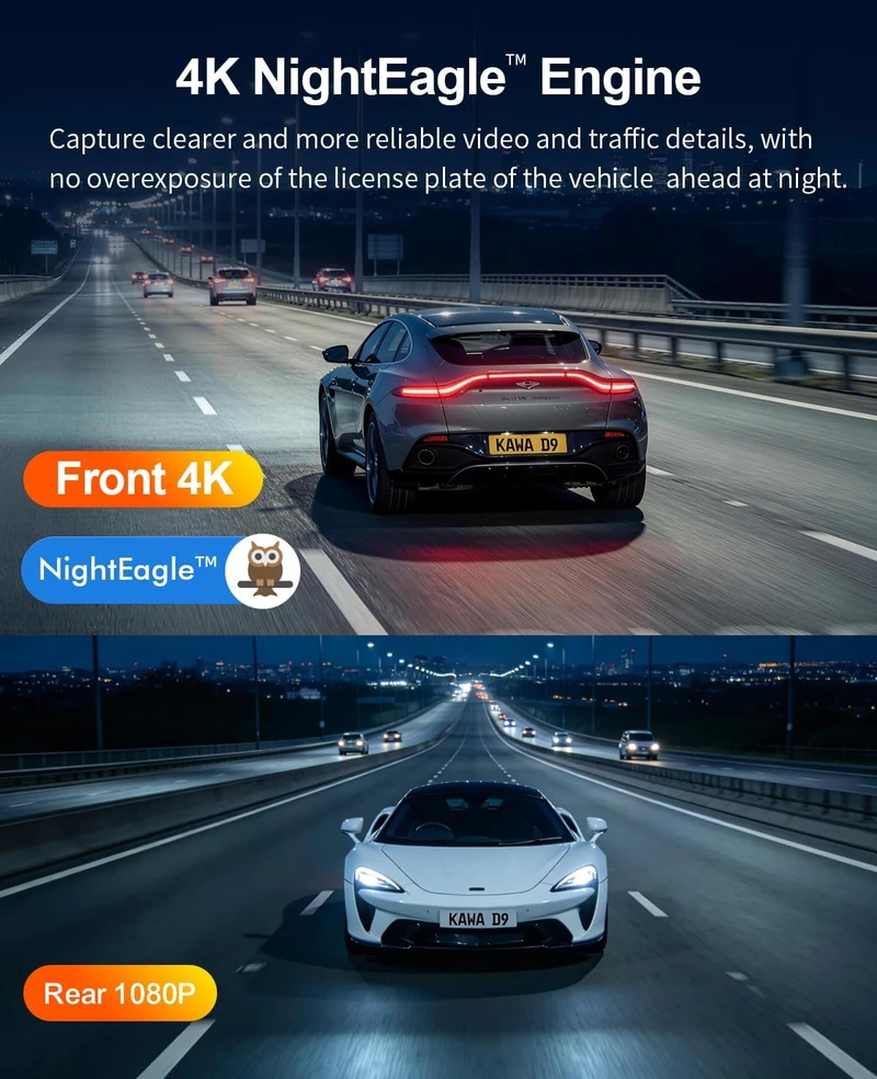 KAWA automobilinis vaizdo registratorius 4K su galine 1080P kamera, GPS, Wi-Fi 6 CJ5517