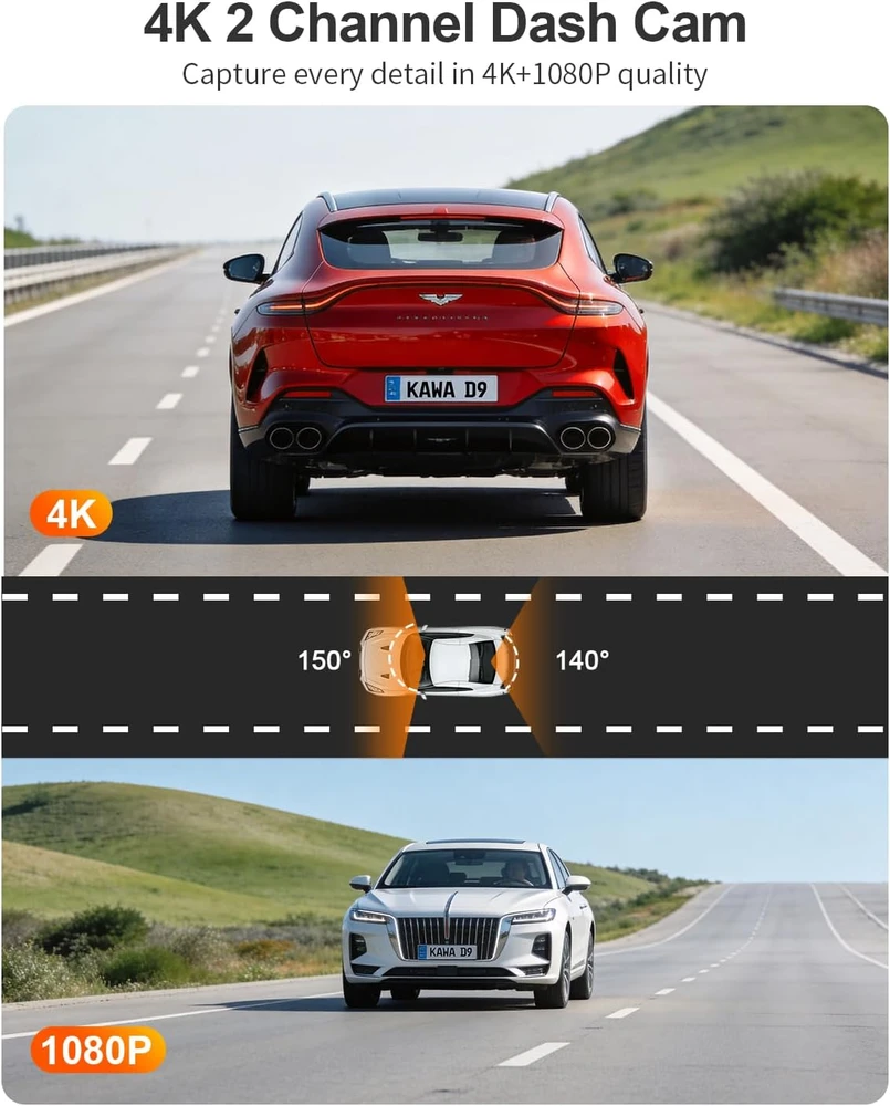 KAWA automobilinis vaizdo registratorius 4K su galine 1080P kamera, GPS, Wi-Fi 6 CJ5517