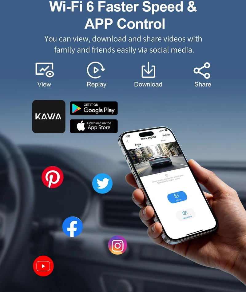 KAWA automobilinis vaizdo registratorius 4K su galine 1080P kamera, GPS, Wi-Fi 6 CJ5517