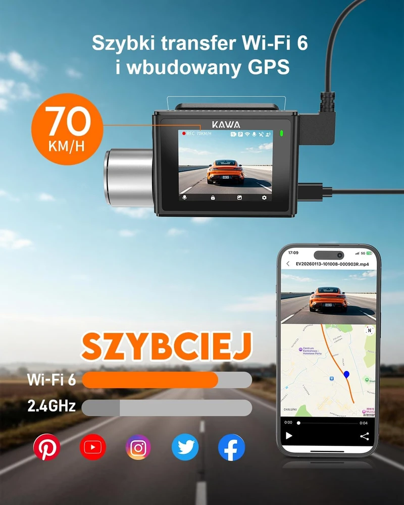 KAWA automobilių vaizdo registratorius 4K su galine 1080p kamera, GPS, Wi-Fi 6, CJ4519