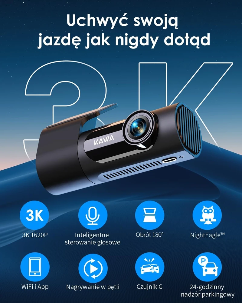 KAWA priekinė automobilinė vaizdo kamera 3K 1620P su Wi-Fi ir valdymu balsu KAWA 3K