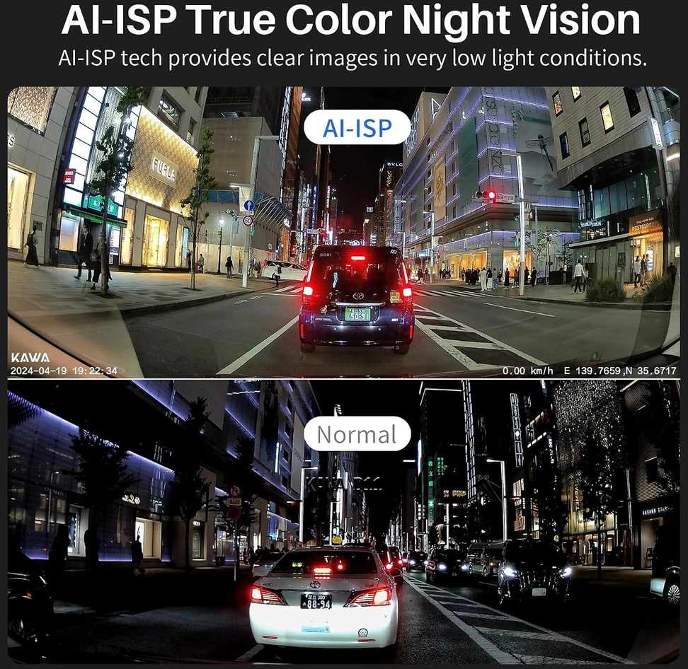 KAWA priekinis ir galinis automobilinis vaizdo registratorius 4K/1080p su GPS ir 64 GB D11-NL