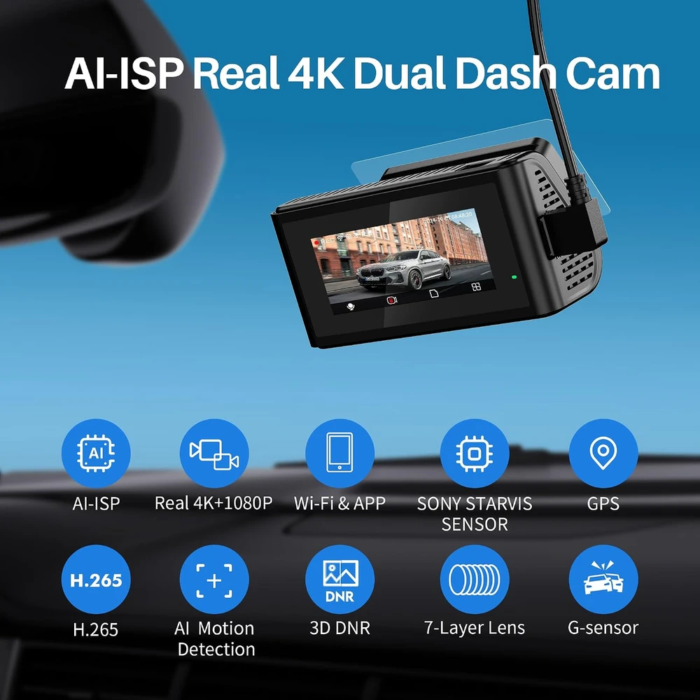 KAWA priekinis ir galinis automobilinis vaizdo registratorius 4K/1080p su GPS ir 64 GB D11-NL
