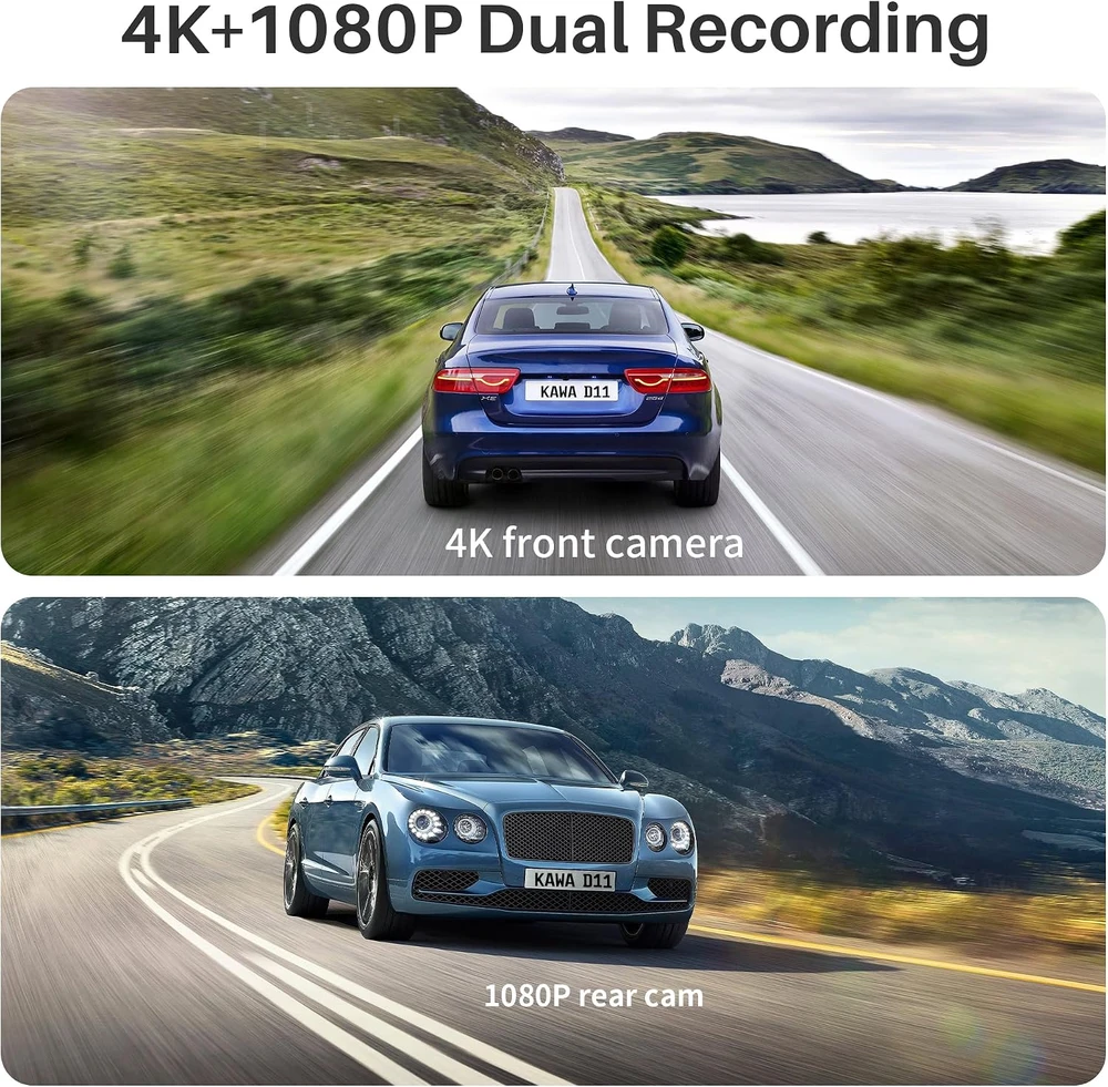 KAWA priekinis ir galinis automobilinis vaizdo registratorius 4K/1080p su GPS ir 64 GB D11-NL