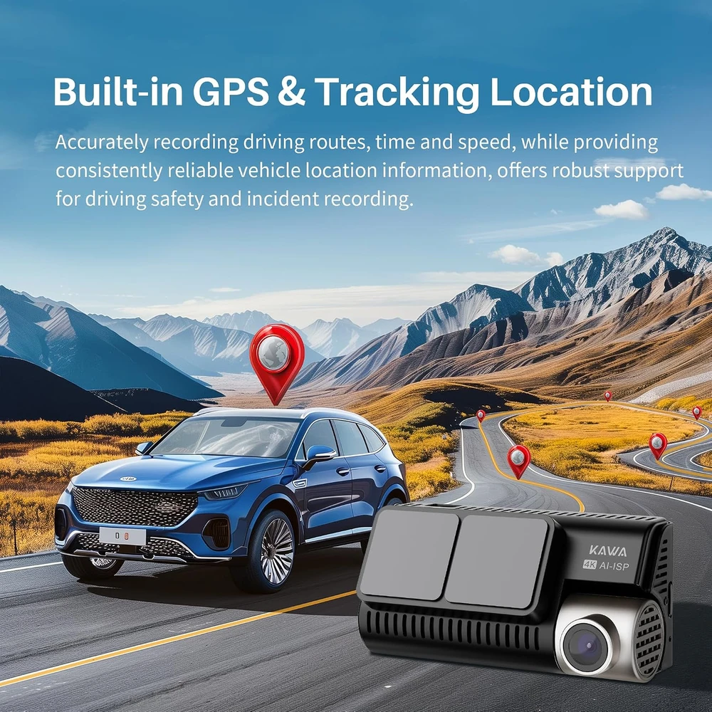 KAWA priekinis ir galinis automobilinis vaizdo registratorius 4K/1080p su GPS ir 64 GB D11-NL