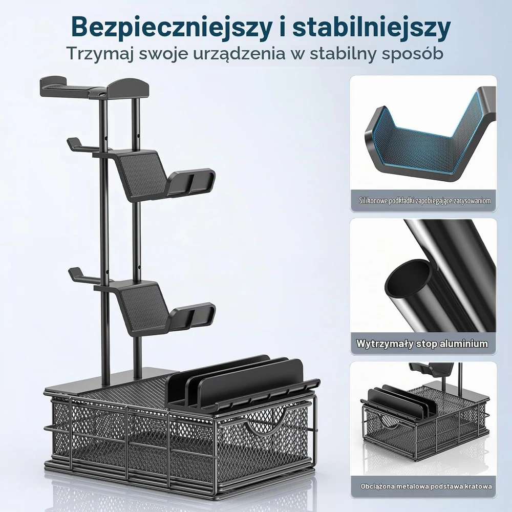 KDD ausinių ir žaidimų valdiklių stovas su stalčiumi, aliumininis, juodas