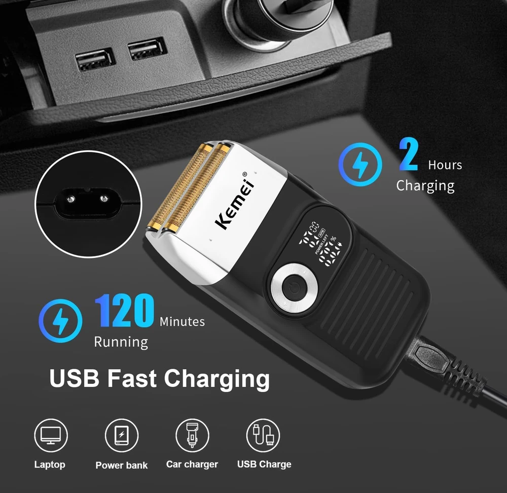 KEMEI folinė elektrinė barzdaskutė su ištraukiamu trimeriu ir 2000 mAh baterija KM-2026 Juodas