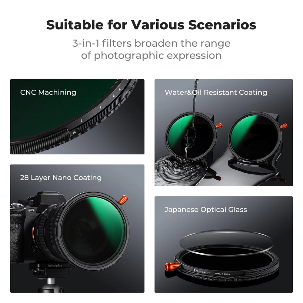 K&F CONCEPT 3 viename fotoobjektyvo filtras 82 mm CPL ir kintamas ND2-32 KF01.2928V2