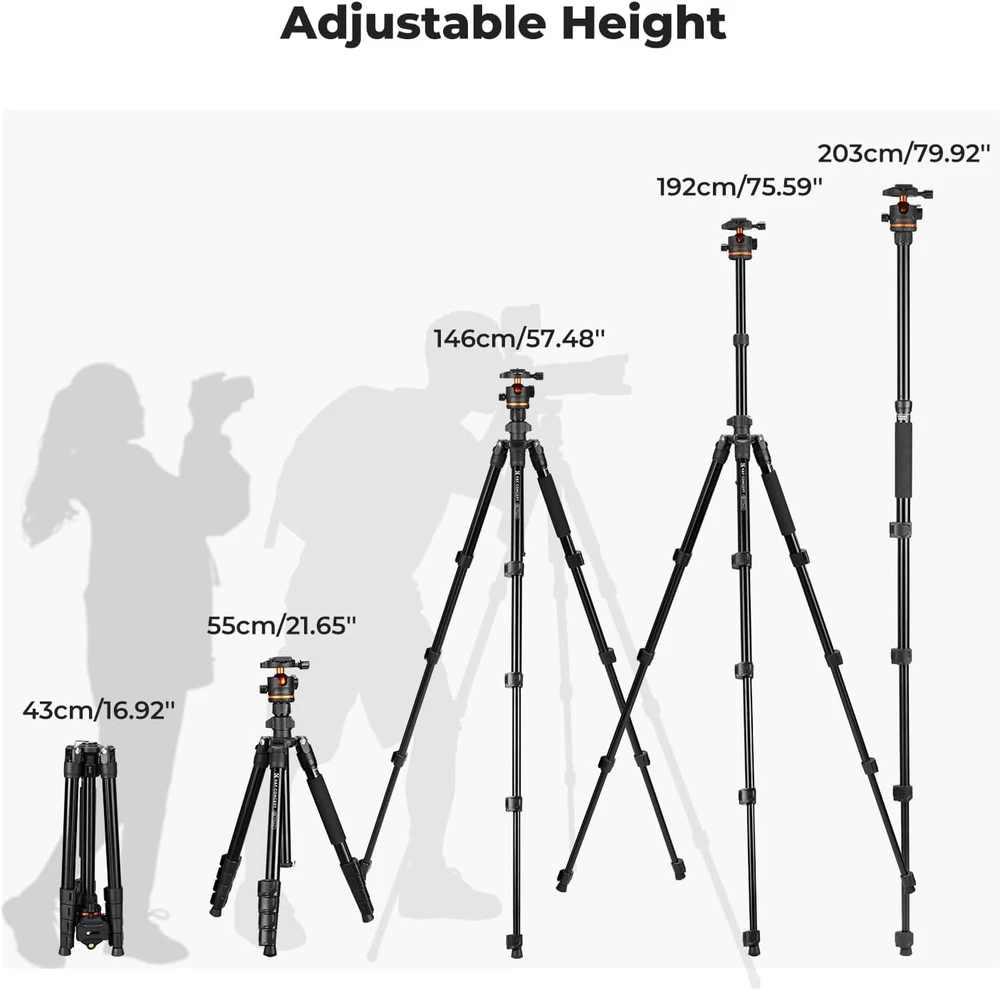 K&F Concept aliumininis fotoaparato trikojis 192 cm su rutuline galvute O275A5+BH-36