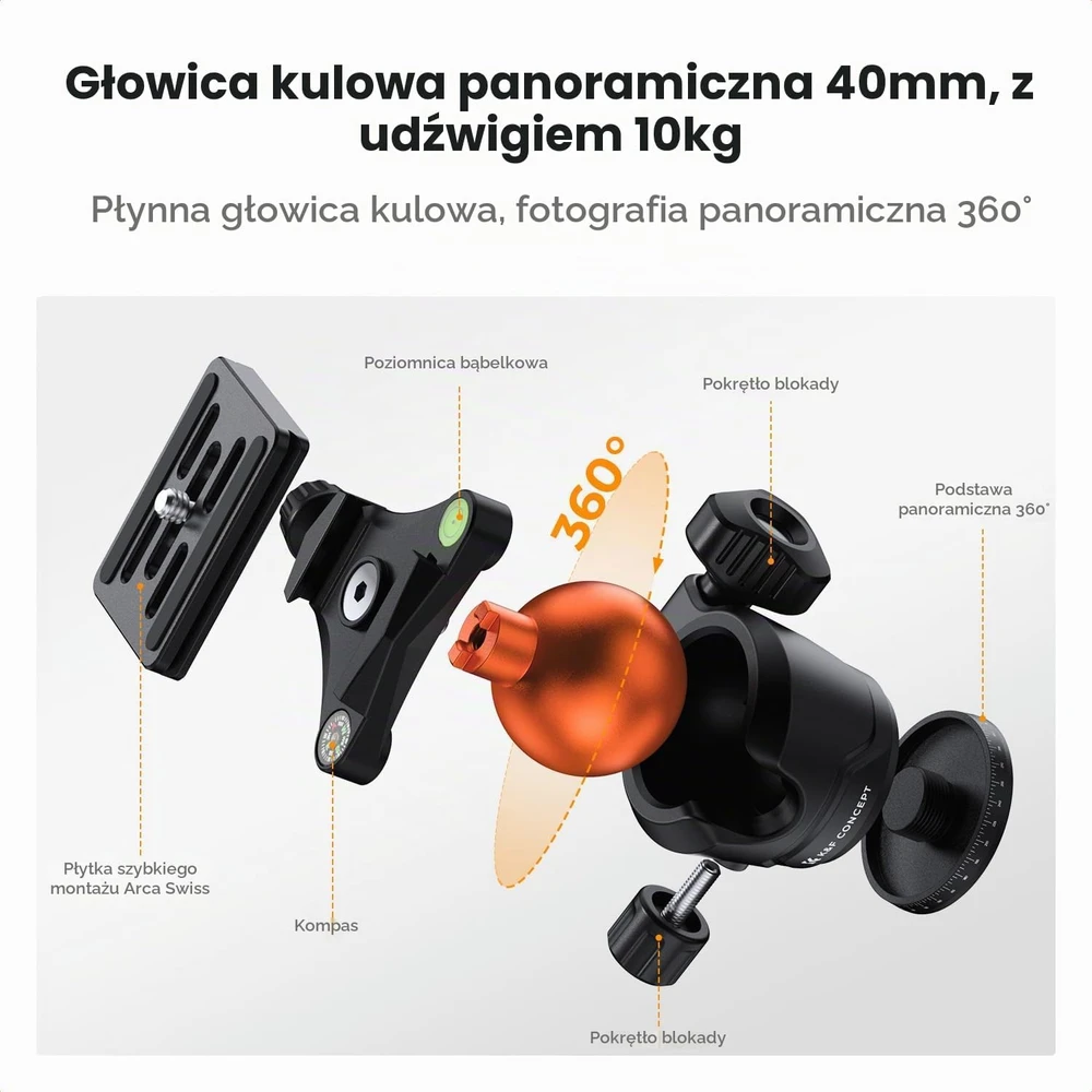K&F CONCEPT aliumininis fotoaparato trikojis su rutuline galvute, 162,5 cm, O235A1+BH-40