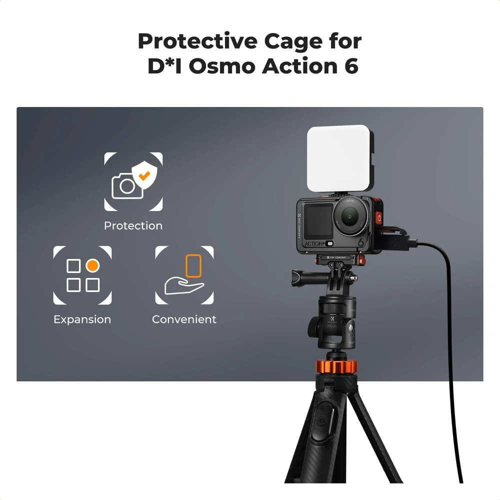 K&F CONCEPT aliumininis kameros narvelis DJI Osmo Action 6 su karštosios jungties laikikliu KF12.0026
