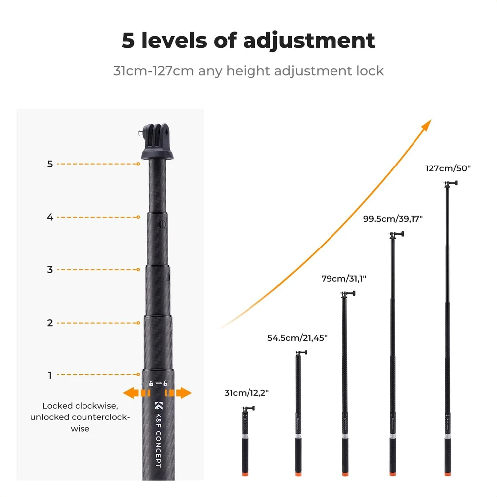 K&F CONCEPT anglies pluošto asmenukių lazda 31–127 cm sporto kameroms KF09.140
