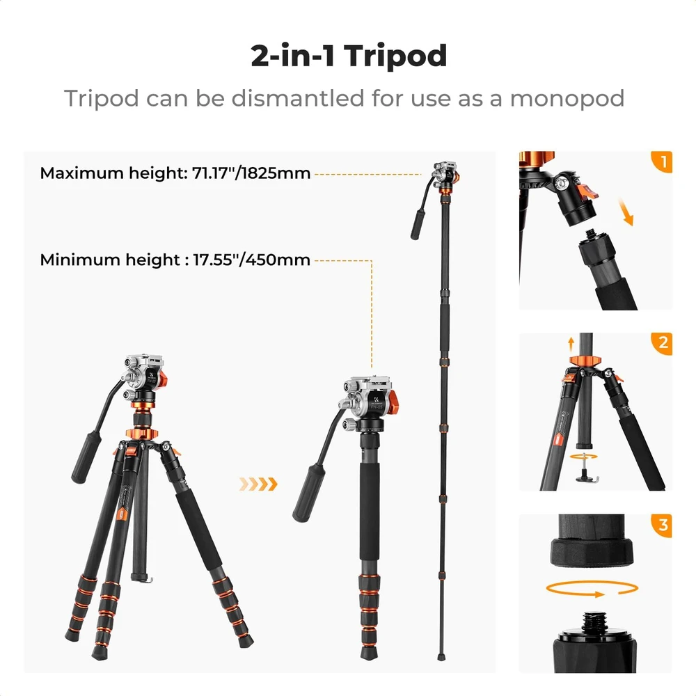 K&F CONCEPT anglies pluošto fotoaparato trikojis su hidrauline galvute, 173 cm, KF09.158
