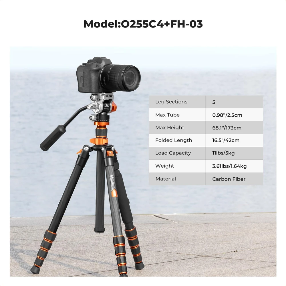 K&F CONCEPT anglies pluošto fotoaparato trikojis su hidrauline galvute, 173 cm, KF09.158