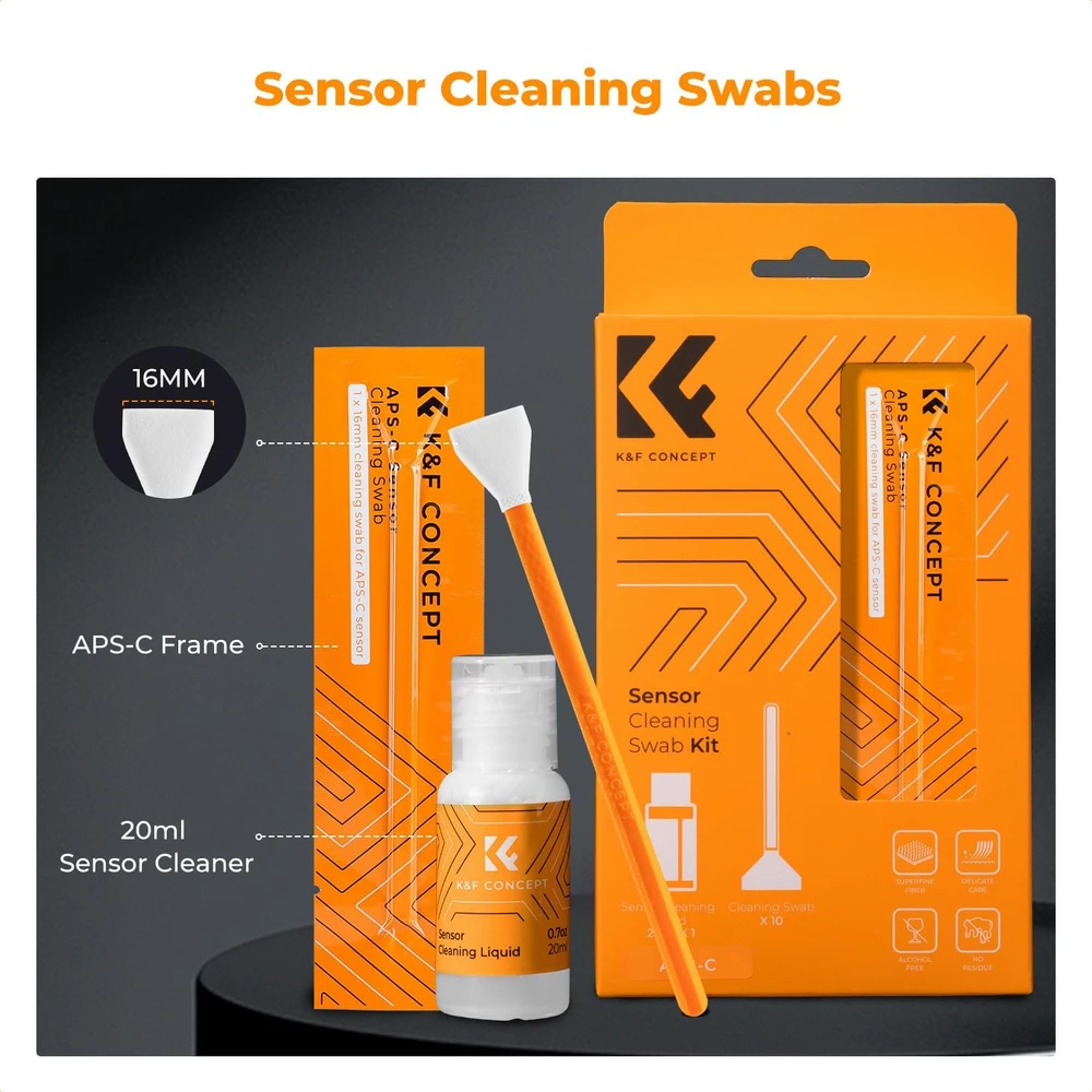 K&F CONCEPT APS-C fotoaparato jutiklio valymo rinkinys su 10 mikropluošto tamponų ir 20 ml skysčiu SKU.1616