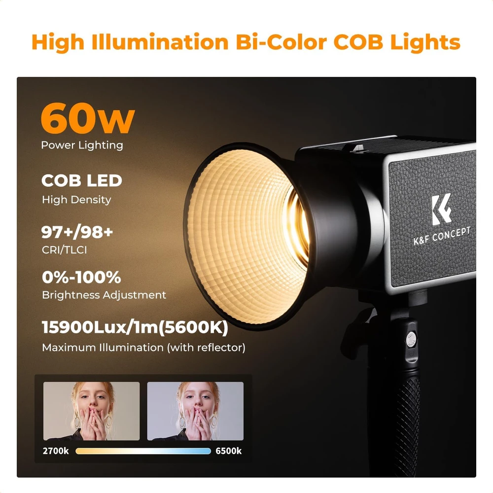 K&F Concept COB fotografavimo šviestuvas 60 W, 2700–6500 K, PL-60B su akumuliatoriumi