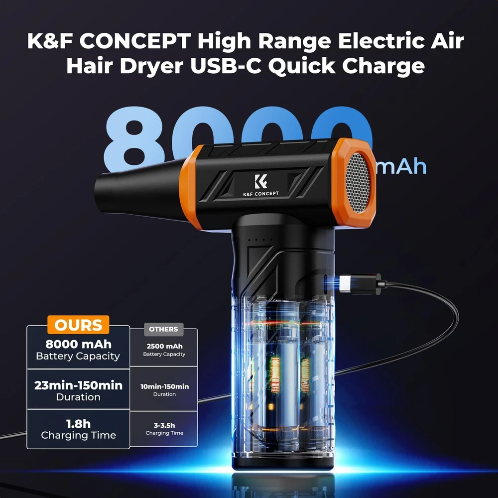 K&F Concept elektrinė oro pūstuvė su 8000 mAh akumuliatoriumi, LED apšvietimu ir 150000 aps./min