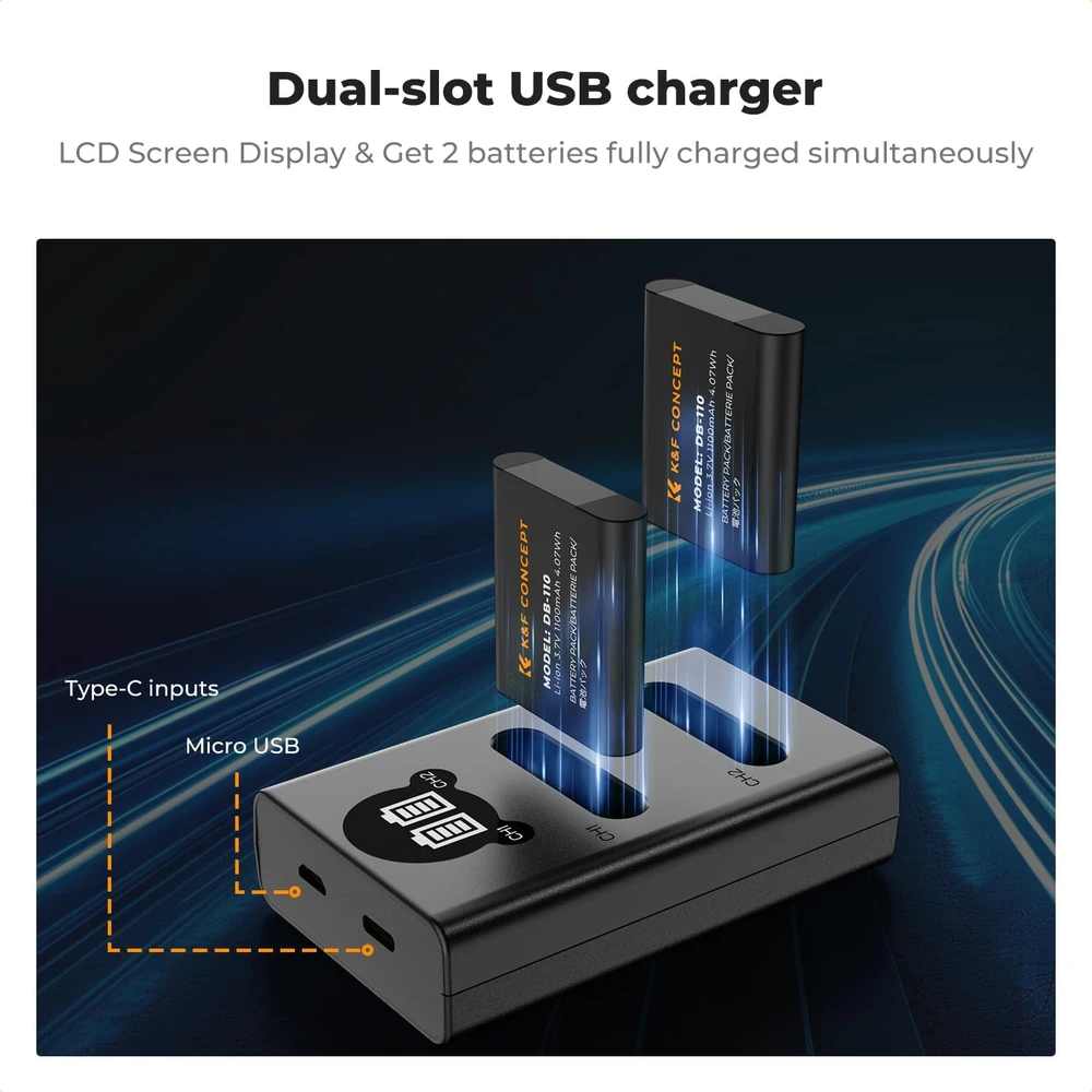 K&F CONCEPT fotoaparato akumuliatorių DB-110 rinkinys su LCD įkrovikliu, 2 × 1100 mAh