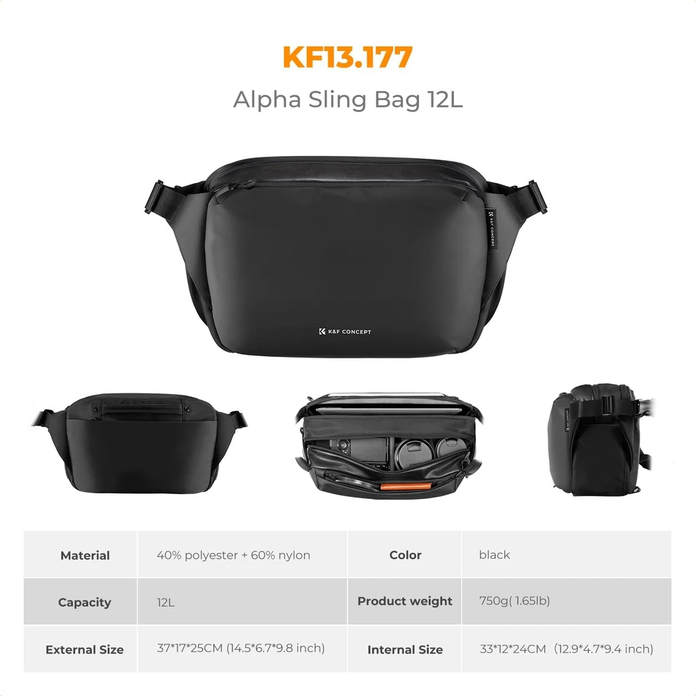 K&F Concept fotoaparato kuprinė, 12 l, poliesteris, vandeniui atspari, juoda, KF13.177