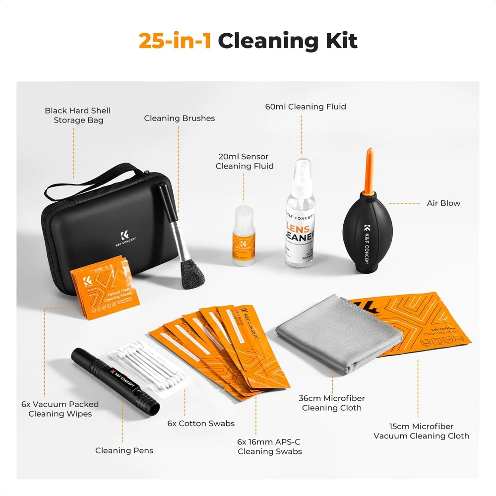 K&F CONCEPT fotoaparato objektyvų valymo rinkinys 25 viename, 60 ml skystis, etui, šepetėlis, dulkėms šalinti