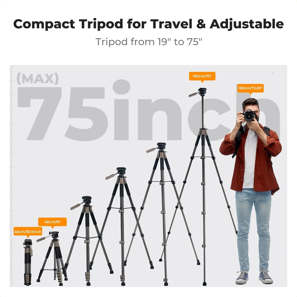K&F CONCEPT fotoaparato trikojis 190 cm su trijų krypčių galvute S255A3+BV01