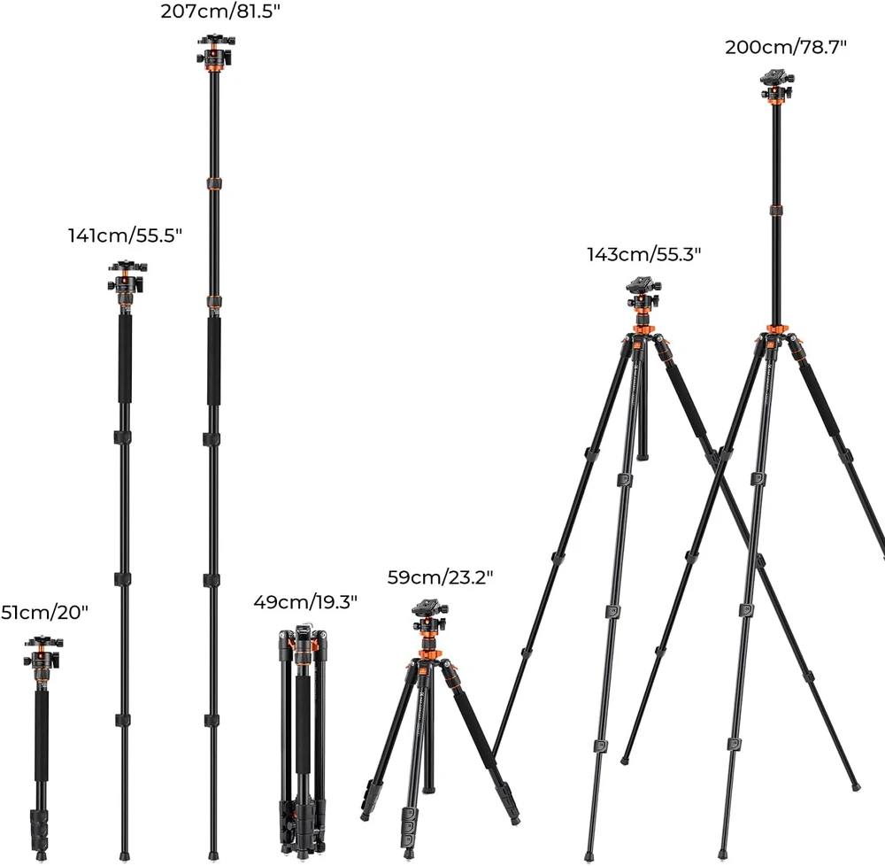K&F CONCEPT fotoaparato trikojis 200 cm su 360° rutuline galvute K234A7+BH-28L