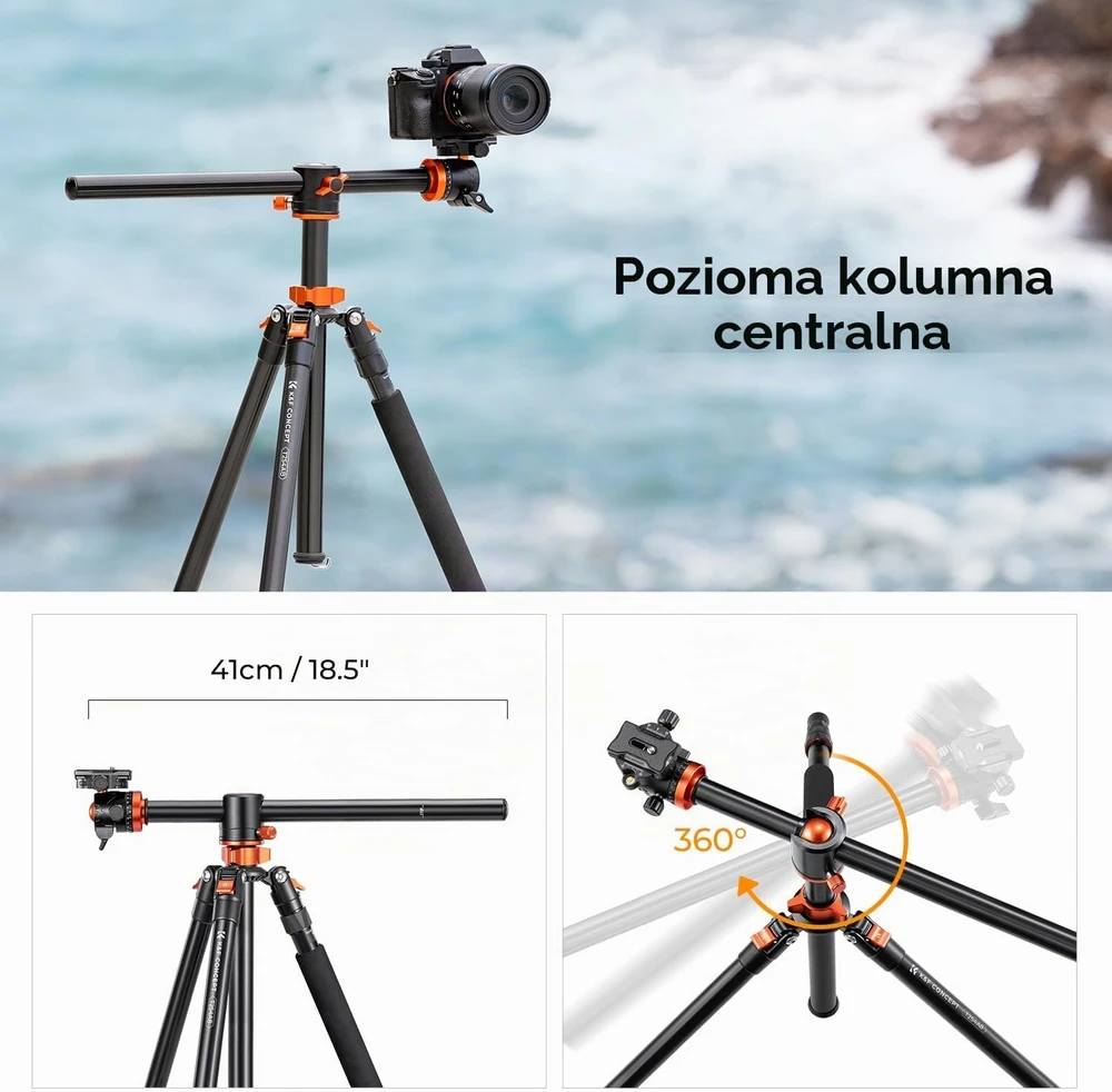 K&F Concept fotoaparato trikojis 238 cm su 90° centrine kolona T254A8