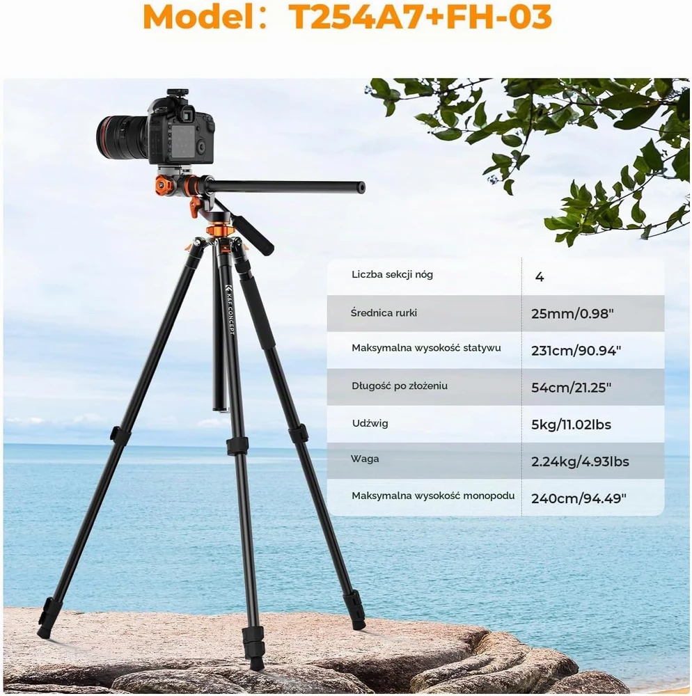 K&F CONCEPT fotoaparatų ir vaizdo kamerų trikojis su hidrauline galvute, 230 cm, KF09.137