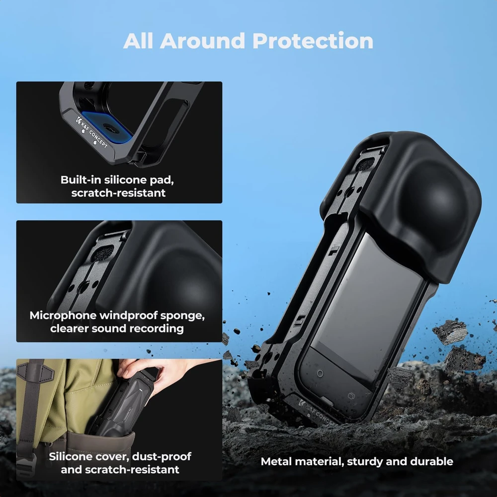 K&F CONCEPT Insta360 X5 aliuminio kameros narvas su silikonine objektyvo apsauga, 2 šaltos batų jungtimis