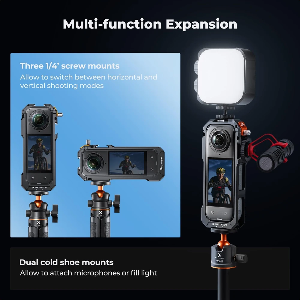 K&F CONCEPT Insta360 X5 aliuminio kameros narvas su silikonine objektyvo apsauga, 2 šaltos batų jungtimis