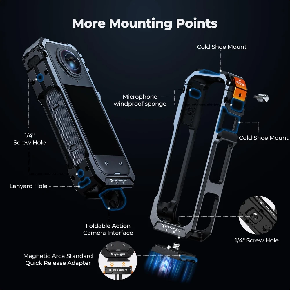 K&F CONCEPT Insta360 X5 aliuminio kameros narvas su silikonine objektyvo apsauga, 2 šaltos batų jungtimis