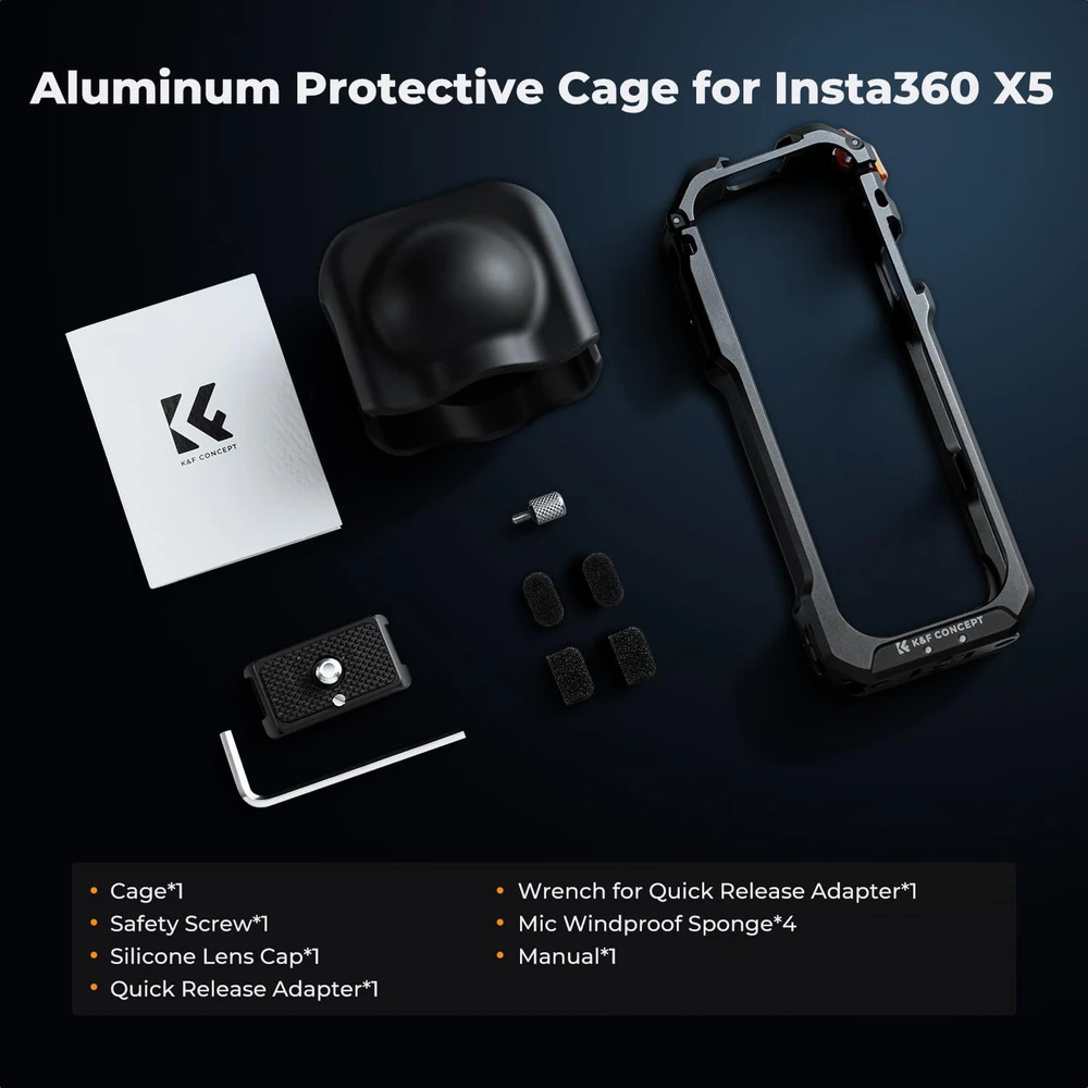 K&F CONCEPT Insta360 X5 aliuminio kameros narvas su silikonine objektyvo apsauga, 2 šaltos batų jungtimis