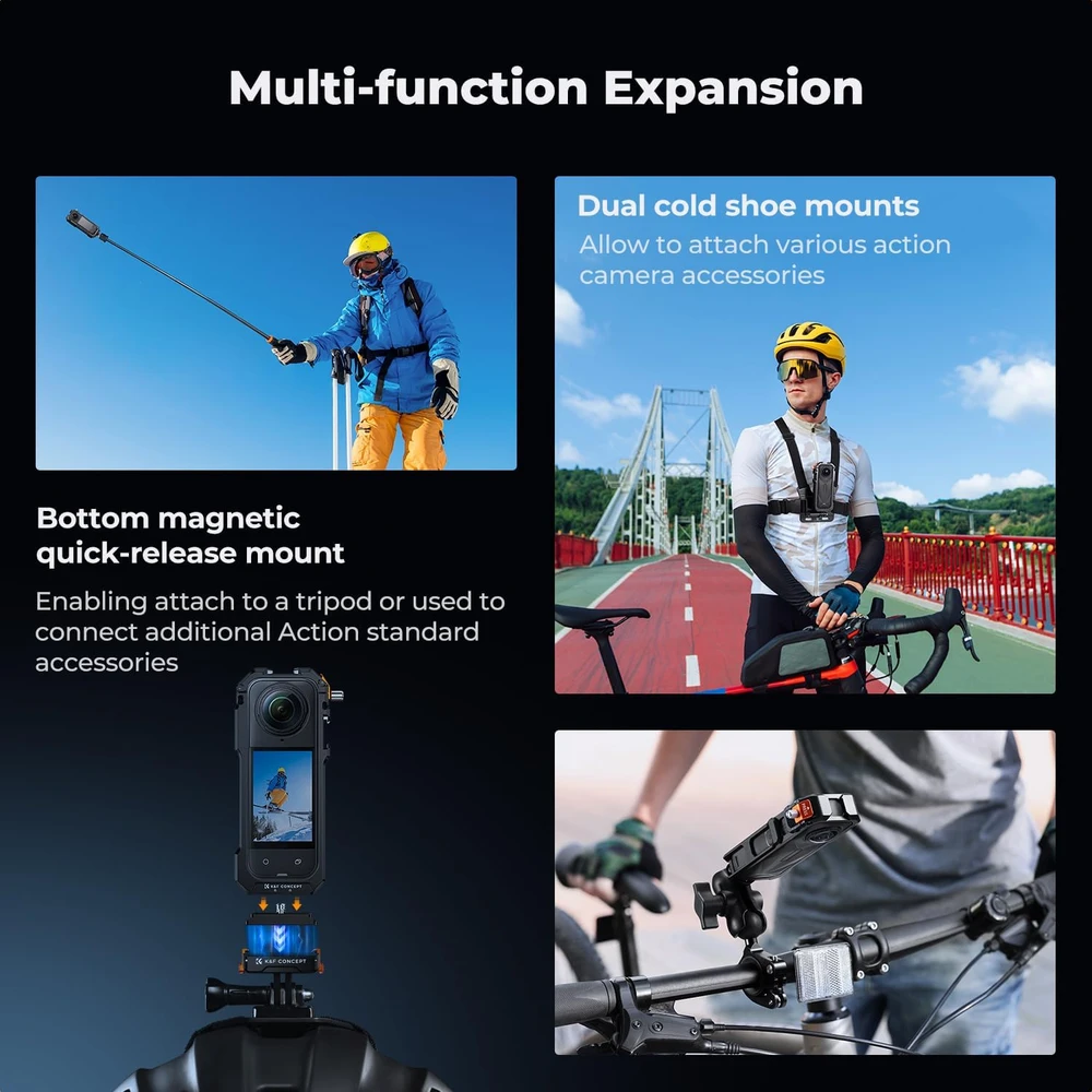 K&F CONCEPT Insta360 X5 aliuminio kameros narvas su silikonine objektyvo apsauga, 2 šaltos batų jungtimis