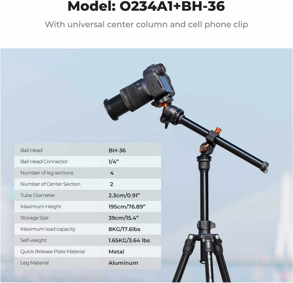 K&F Concept K234A0 aliuminis trikojis su išsukamuoju bumu, 163 cm, su telefono laikikliu