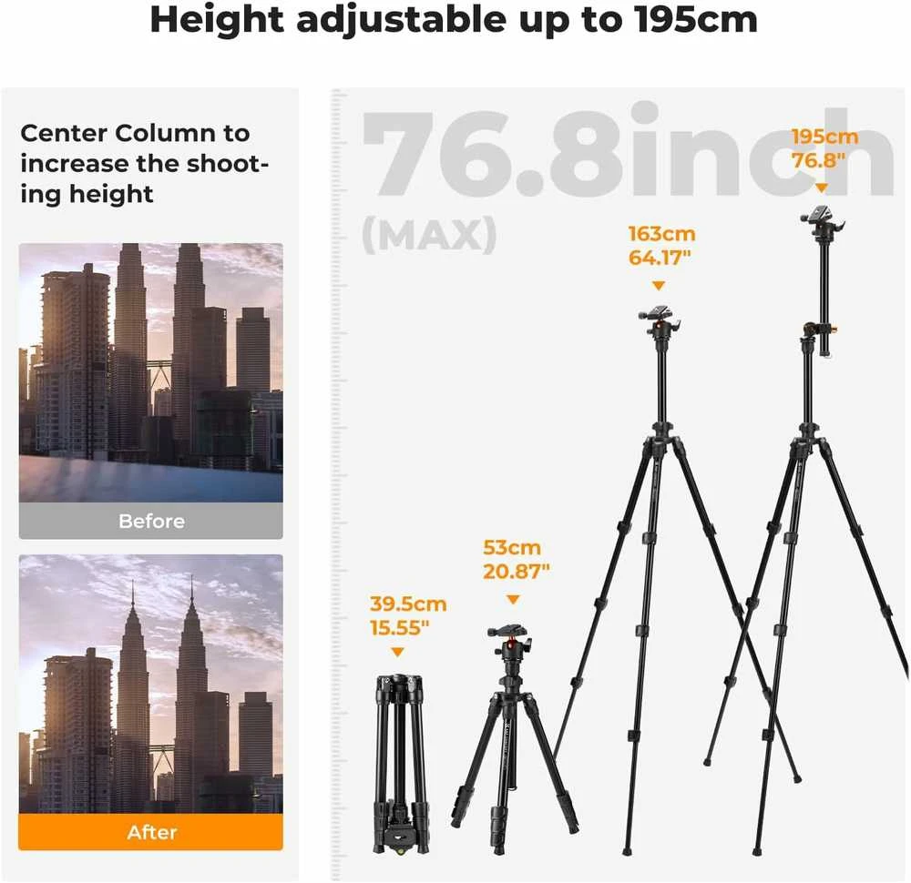 K&F Concept K234A0 aliuminis trikojis su išsukamuoju bumu, 163 cm, su telefono laikikliu