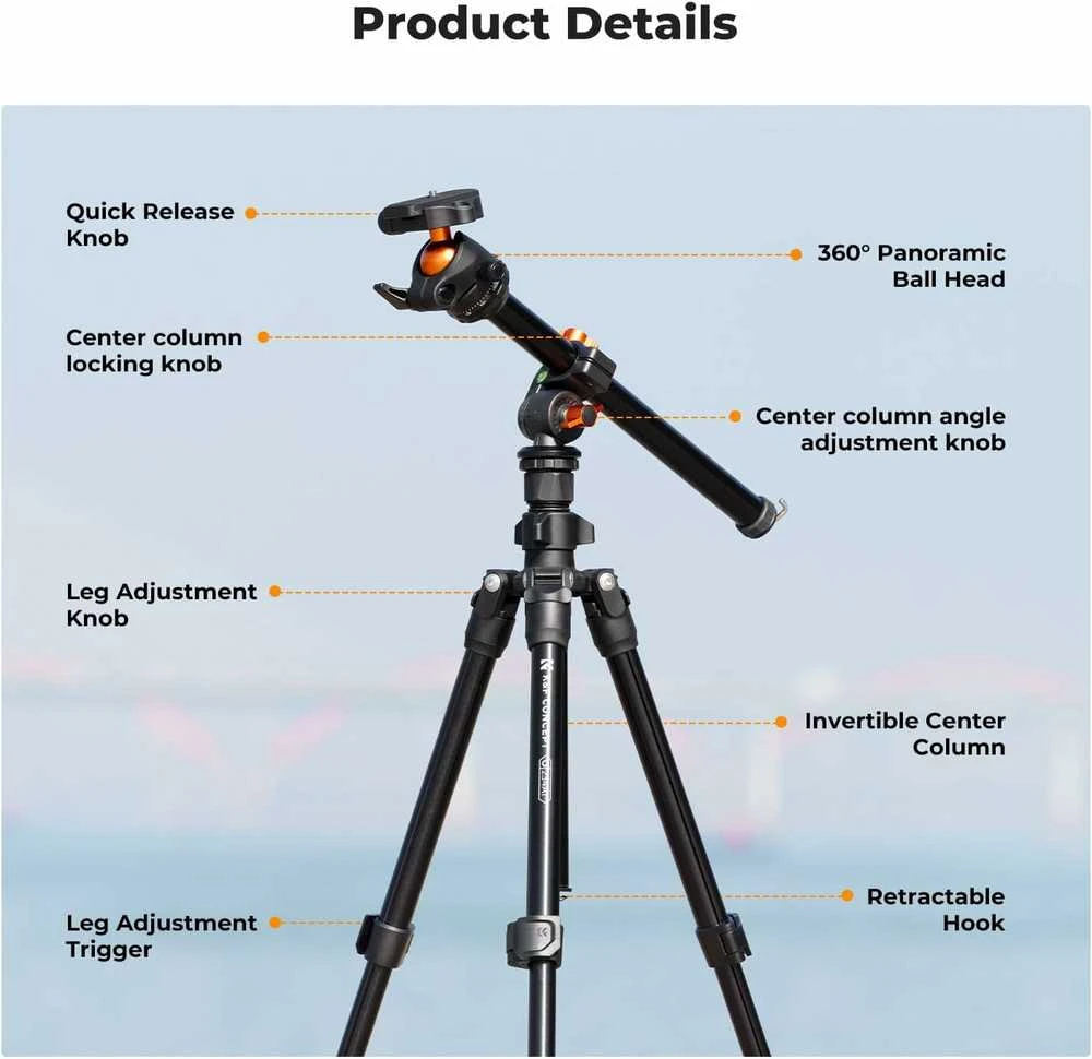 K&F Concept K234A0 aliuminis trikojis su išsukamuoju bumu, 163 cm, su telefono laikikliu