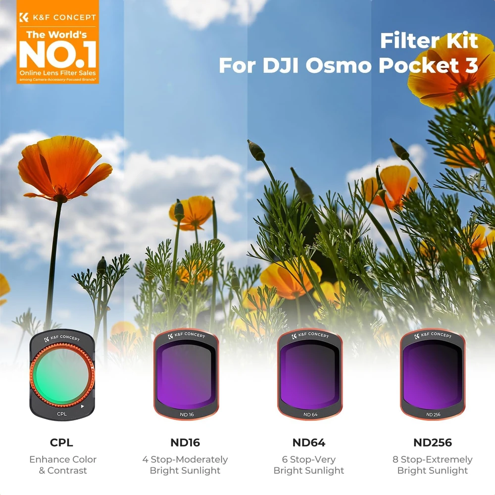 K&F CONCEPT magnetinių filtrų rinkinys DJI Osmo Pocket 3/4 su CPL, ND16, ND64 ir ND256, SKU.2595