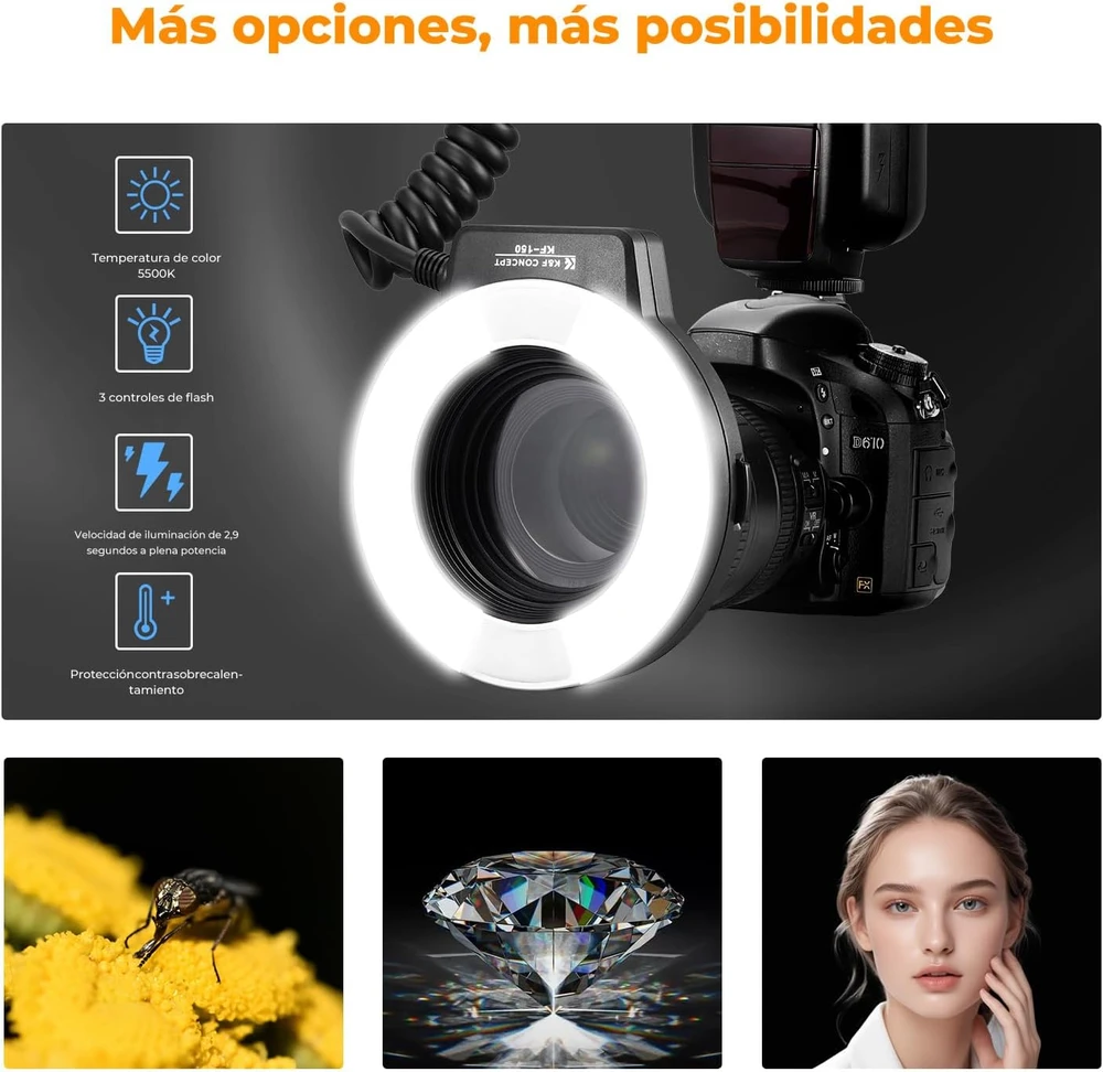 K&F CONCEPT makro žiedinė TTL blykstė GN 14 su AF pagalbine šviesa P15-KF22.008