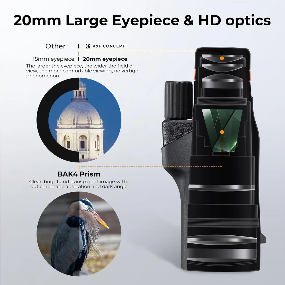 K&F Concept monokuliarinis teleskopas 12x didinimas, 50 mm lęšis, IP68 atsparumas vandeniui, KF33.086