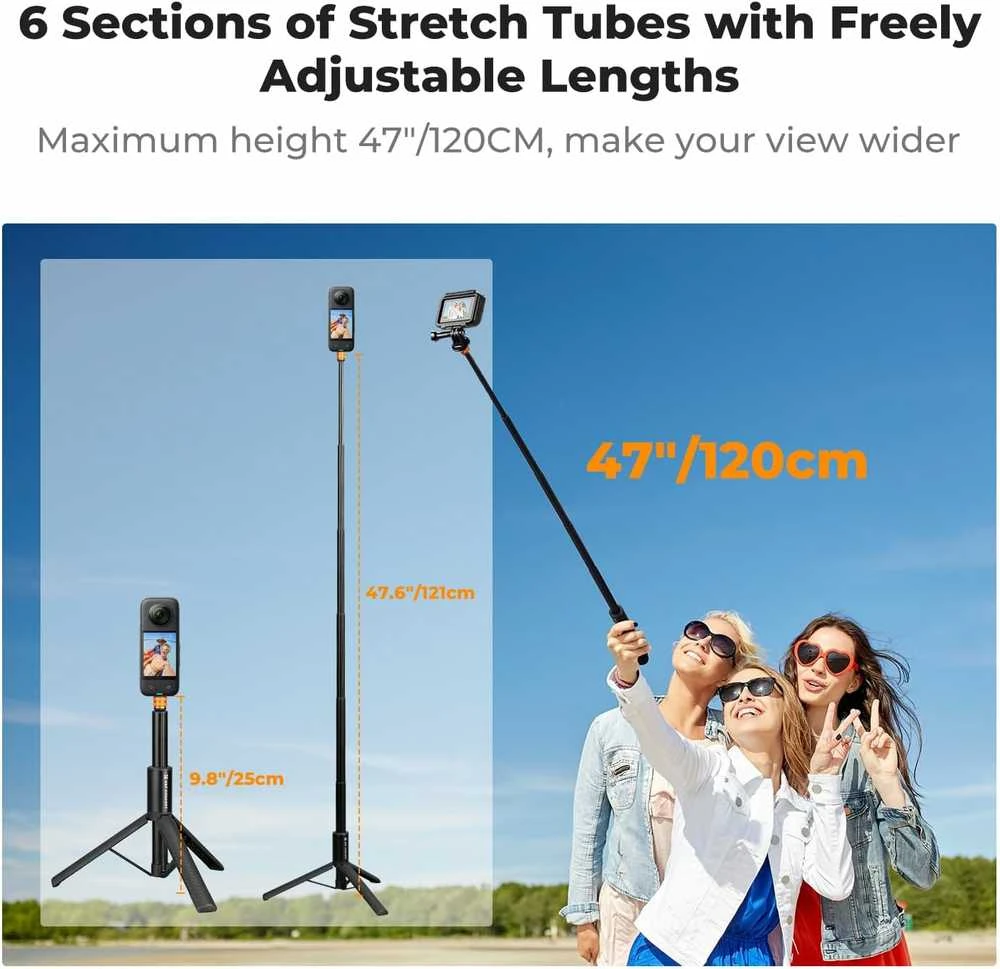 K&F CONCEPT MS21 trikojis, asmenukių lazda Insta360 ir veiksmo kameroms, 120 cm