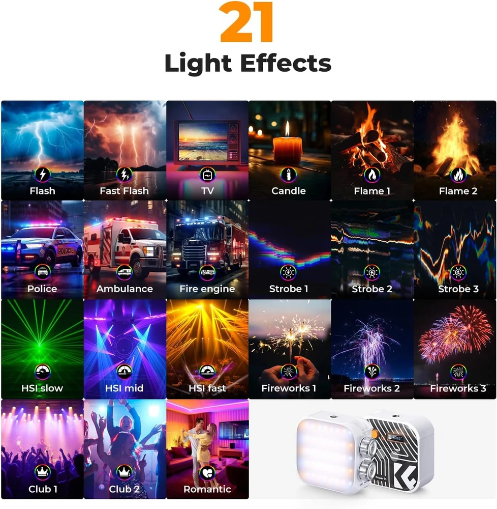 K&F CONCEPT RGB LED vaizdo lempa 2500–9900 K, CRI 96+, 21 efektas, USKF34.036V1