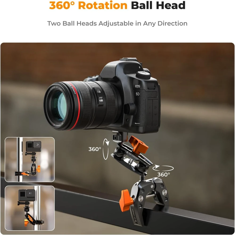 K&F CONCEPT šarnyrinis laikiklis su spaustuku, 360° sukimu ir 1/4 col. sriegiu KF31.083