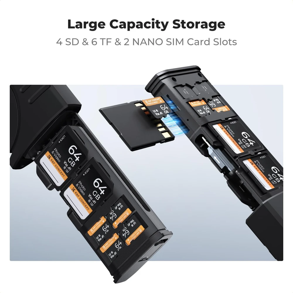 K&F Concept SD kortelių skaitytuvas 2 viename su USB-C ir USB-A, 12 lizdų, juodas KF31.190