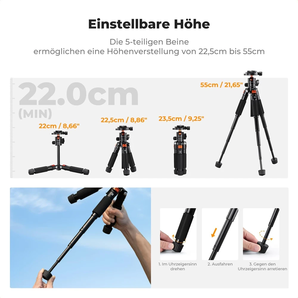 K&F CONCEPT stalinis mini trikojis 55 cm su rutuline galvute, 6kg, S225A0+BH-25L