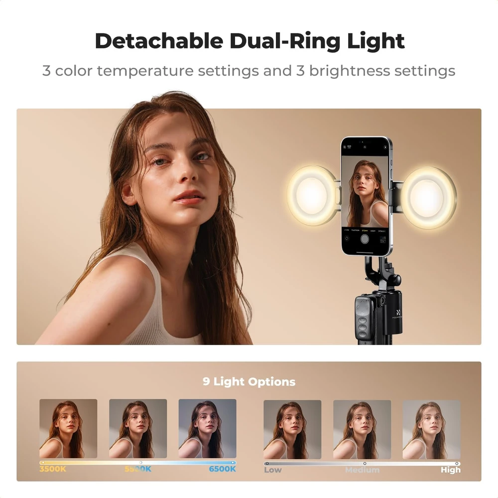 K&F CONCEPT telefono trikojis su 360° veido sekimu, LED lempomis ir Bluetooth pulteliu X106