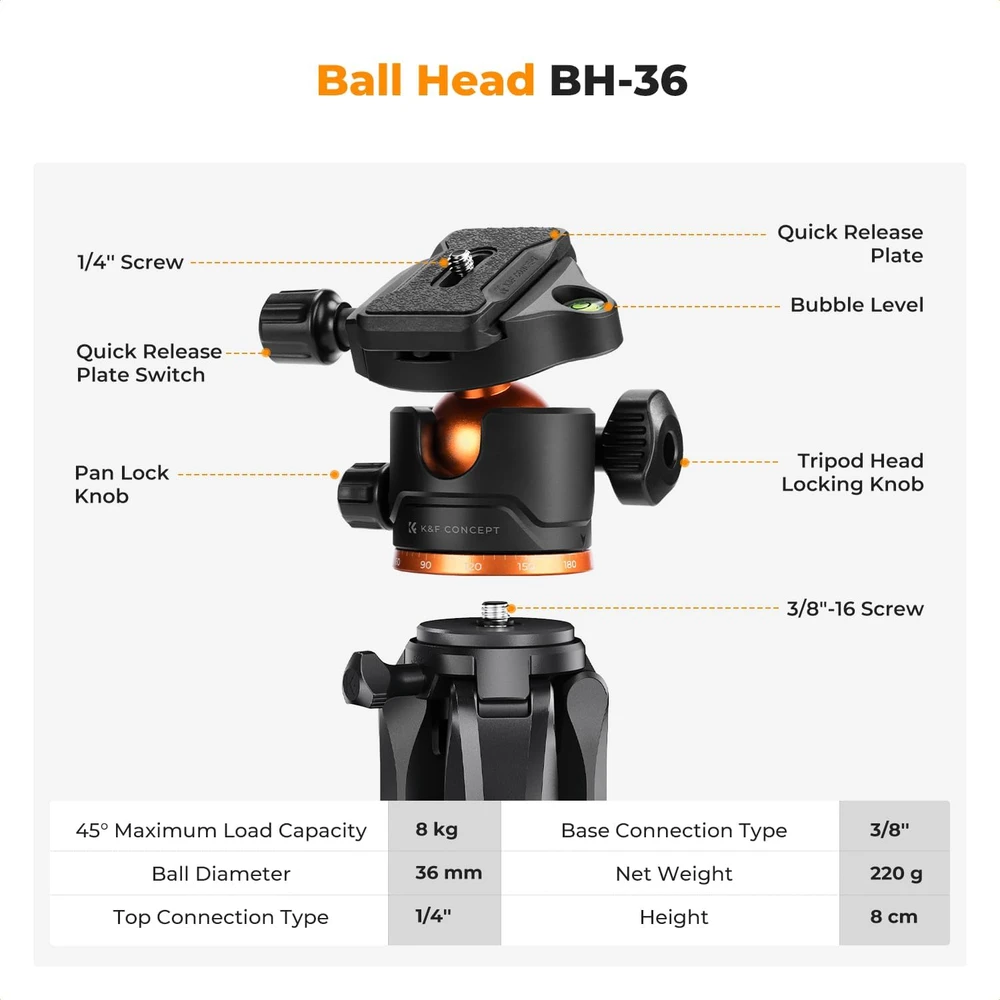 K&F Concept trikojis stovas su Bluetooth pulteliu, aliuminis, 190 cm, S255A3+BH-36, rutulinė galvutė